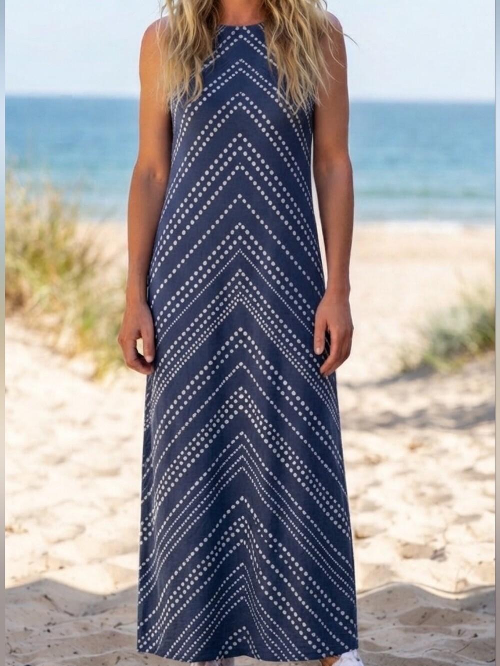 American Living Blue and White Dot Chevron Sleeveless Maxi Dress S